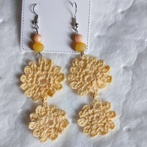 Yellow Crochet Flower Drop Earrings with Peach Bead Accents